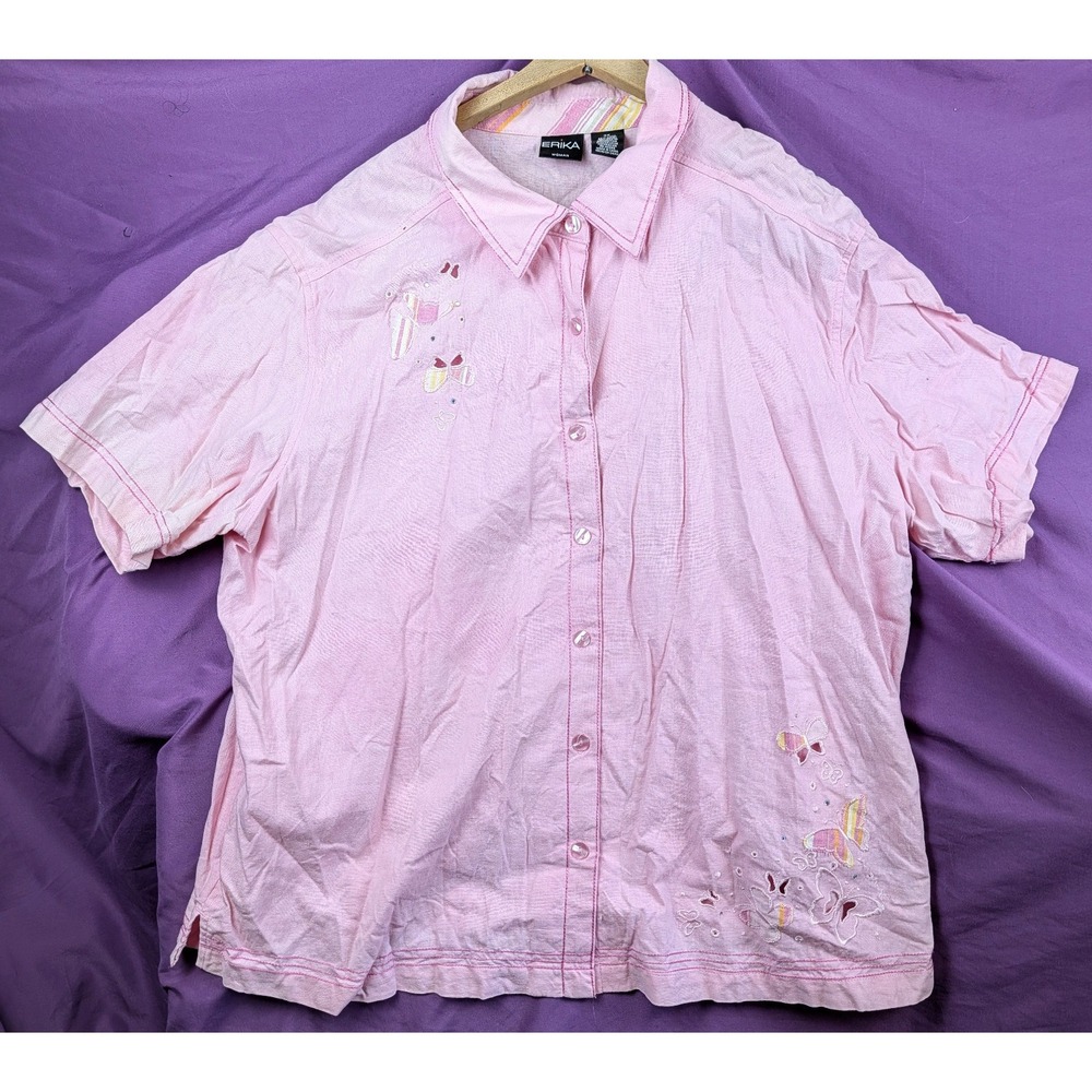 Retro Erika Faded 3XL Linen Blend Butterfly Embroidery Button Shirt Cutwork
